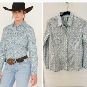 PANHANDLE Rough Stock M Paisley print snap button woman cowgirl western teal top